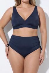 Damskie figi od bikini marszczona taśma wypełnienie z przodu. Niebieskie stroje kąpielowe damskie Ulla Popken, plus size, bez wzorów, z elastanu. Za 100.99 zł.