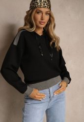 Czarna Bluza z Kapturem Ozdobiona Ściągaczami i Metaliczną Nitką Ulisiela. Czarne bluzy damskie Renee, l, bez wzorów, z jeansu, casualowe, bez ramiączek, z kapturem. Za 69.99 zł.