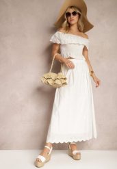 Biała Bawełniana Rozkloszowana Spódnica z Haftem Podszewką i Gumką w Pasie Illonica. Białe spódnice damskie Renee, na imprezę, l, bez wzorów, z bawełny, eleganckie, maxi, dopasowane. Za 99.99 zł.