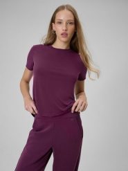 4F T-shirt regular gładki damski - fioletowy M. Czerwone t-shirty damskie 4F, m, bez wzorów, z dzianiny, bez kołnierzyka, bez ramiączek. Za 79.99 zł.