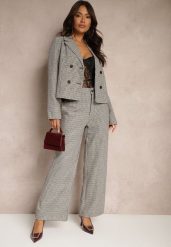 Czarno-Beżowe Spodnie z Wiskozą High Waist o Szerokim Kroju w Pepitkę Enithra. Czarne spodnie materiałowe damskie Renee, bez wzorów, z jeansu, eleganckie, z podwyższonym stanem. Za 99.99 zł.
