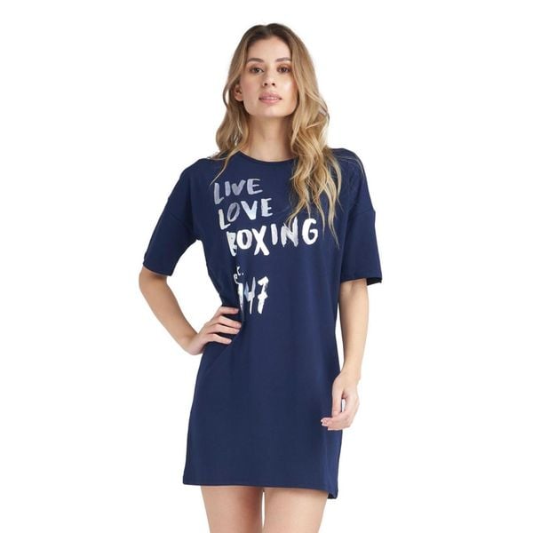 Błyszcząca damska koszulka maxi z krótkim rękawem. Niebieskie bluzki damskie LEONE 1947 APPAREL, l, bez wzorów, z tkaniny, sportowe, bez kołnierzyka, bez ramiączek. W wyprzedaży za 83.85 zł.