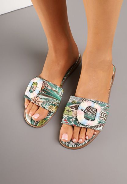 Zielone Klapki z Ozdobną Klamrą Katilissa. Zielone klapki damskie Born2be, na lato, bez wzorów, bez obcasa, na płaskiej podeszwie, bez zapięcia. Za 69.99 zł.