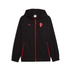 Kurtka dresowa AC Milan Woven 2025/26. Czarne kurtki sportowe męskie Puma, bez wzorów, z dresówki, bez kaptura, do biegania. W wyprzedaży za 332.50 zł.
