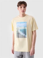 4F T-shirt oversize z nadrukiem męski - żółty L. Żółte t-shirty męskie 4F, l, bez wzorów, z bawełny, bez kołnierzyka, bez ramiączek. W wyprzedaży za 29.99 zł.