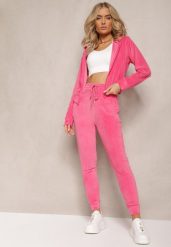Fuksjowy Dresowy Komplet z Weluru Spodnie i Bluza z Kapturem na Suwak Styrena. Czerwone bluzy damskie Renee, m, bez wzorów, z dresówki, bez ramiączek, z kapturem. Za 74.99 zł.