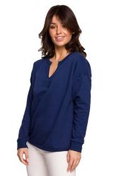 Efektowna Bluza z Wycięciem przy Dekolcie - Atramentowa. Niebieskie bluzy damskie MOE, l, bez wzorów, z bawełny, bez ramiączek, bez kaptura. Za 204.90 zł.