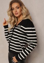 Czarny Kardigan w Paski na Guziki Eliasa. Czarne kardigany damskie Renee, z aplikacjami, z tkaniny, bez kołnierzyka. Za 129.99 zł.
