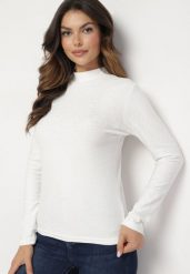 Biała Welurowa Bluzka Półgolf Anserin. Białe bluzki damskie Born2be, l, bez wzorów, z jeansu, biznesowe, bez kołnierzyka, bez ramiączek. Za 39.99 zł.