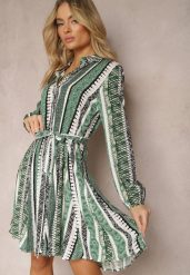 Zielona Wiskozowa Sukienka Koszulowa z Paskiem w Talii Rozkloszowana Urdiasa. Zielone sukienki damskie Renee, na co dzień, m, bez wzorów, z wiskozy, eleganckie, bez kołnierzyka, bez ramiączek, mini, dopasowane. Za 69.99 zł.