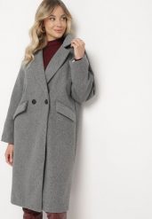Ciemnoszary Płaszcz Dwurzędowy Długi Swane. Szare płaszcze damskie Born2be, l, bez wzorów, eleganckie, bez kołnierzyka, bez kaptura. Za 199.99 zł.