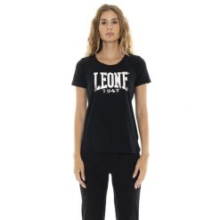 Koszulka Damen-Kurzarm z Leone 1947 Nigdy bez Aufdruck. Czarne bluzki damskie LEONE 1947 APPAREL, bez wzorów, z bawełny, sportowe, bez kołnierzyka, bez ramiączek. Za 84.20 zł.