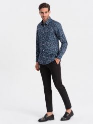 Męska koszula bawełniana we wzory SLIM FIT - ciemnoniebieska V1 OM-SHCS-0151 - L. Niebieskie koszule męskie Ombre Clothing, l, bez wzorów, z bawełny, klasyczne, bez kołnierzyka, bez ramiączek. W wyprzedaży za 79.99 zł.