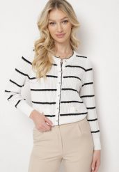 Biały Kardigan w Paseczki z Eleganckimi Guziczkami Myrth. Białe kardigany damskie Born2be, m, bez wzorów, z jeansu, eleganckie, bez kołnierzyka. Za 129.99 zł.