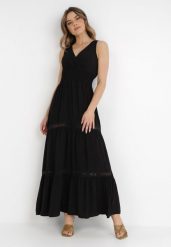 Czarna Sukienka Rhenemisa. Czarne sukienki damskie Born2be, m, bez wzorów, z koronki, bez kołnierzyka, bez ramiączek, maxi, kopertowe. Za 84.99 zł.