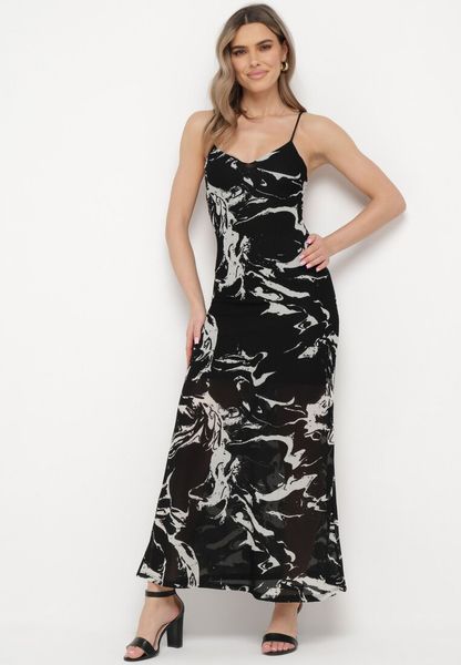 Czarna Sukienka Maxi Ozdobiona Marmurkowym Wzorem z Cienkimi Ramiączkami Fidellma. Czarne sukienki damskie Born2be, m, bez wzorów, eleganckie, bez kołnierzyka, bez ramiączek, maxi, rozkloszowane. Za 139.99 zł.