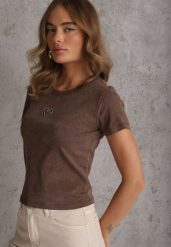 Brązowy T-shirt z Bawełny Ozdobiony Sercem z Cyrkonii Amythera. Brązowe t-shirty damskie Renee, m, z aplikacjami, z bawełny, eleganckie, bez kołnierzyka, bez ramiączek. Za 49.99 zł.