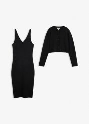 Zestaw z dzianiny: sukienka i sweter (2 części). Czerwone sukienki damskie bonprix, bez wzorów, z dzianiny, bez kołnierzyka, bez ramiączek. Za 189.99 zł.