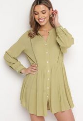 Zielona Koszulowa Sukienka w Stylu Boho z Rozkloszowanym Dołem Liorda. Zielone sukienki damskie Born2be, na lato, l, bez wzorów, boho, bez kołnierzyka, bez ramiączek, mini, koszulowe. Za 109.99 zł.