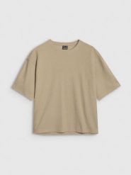 4F T-shirt regular z waflowej dzianiny damski - beżowy M. Brązowe t-shirty damskie 4F, m, bez wzorów, z bawełny, klasyczne, bez kołnierzyka, bez ramiączek. W wyprzedaży za 49.99 zł.