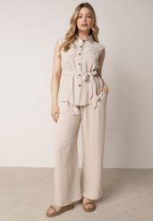 Beżowy Wiskozowy Komplet Szerokie Spodnie i Koszula Bez Rękawów z Wiązaniem Zanran. Brązowe koszule damskie Born2be, l, bez wzorów, z tkaniny, eleganckie, bez kołnierzyka, bez ramiączek. Za 139.99 zł.