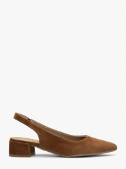 Brązowe czółenka slingback bez pięty ELIZABETH. Brązowe czółenka damskie Ryłko, bez wzorów, z materiału, z okrągłym noskiem, bez obcasa, na obcasie, bez zapięcia. Za 379.99 zł.