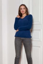 Sweter z Dekoltem w Szpic - Granatowy. Niebieskie swetry nierozpinane damskie Lanti, l, bez wzorów, z materiału, bez kołnierzyka, bez ramiączek. Za 229.90 zł.