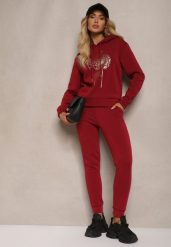 Bordowy Ocieplany Komplet Dresowy z Bawełny Spodnie i Bluza Sevida. Czerwone bluzy damskie Renee, m, z aplikacjami, z bawełny, bez ramiączek, bez kaptura. Za 84.99 zł.