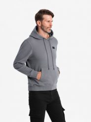 Męska bluza dresowa kangurka z kapturem i metalowym pinem – szara V1 OM-SSNZ-0141 - XXL. Szare bluzy męskie Ombre Clothing, l, bez wzorów, z bawełny, z kapturem. W wyprzedaży za 89.99 zł.