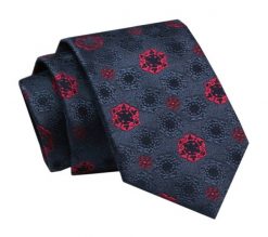 Elegancki, Klasyczny, Męski Krawat -ALTIES, Granat z Czerwonymi Kwiatami. Niebieskie krawaty i muchy Alties, bez wzorów, z tkaniny, eleganckie. Za 49.00 zł.
