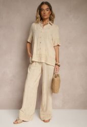 Beżowy Wiskozowy Komplet Oversize z Haftem Koszula i Spodnie Iffussa. Brązowe koszule damskie Renee, l, bez wzorów, z materiału, eleganckie, bez kołnierzyka, bez ramiączek. Za 109.99 zł.