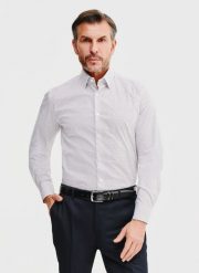 PAKO LORENTE – Biała koszula męska w mikrowzór. Białe koszule męskie Pako Lorente, na lato, m, bez wzorów, z bawełny, bez kołnierzyka, bez ramiączek. Za 299.99 zł.