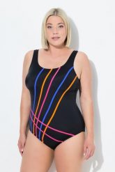 Damski Strój kąpielowy paski bez miękkich miseczek okrągły dekolt. Czarne stroje kąpielowe damskie Ulla Popken, plus size, bez wzorów, z elastanu. Za 159.99 zł.