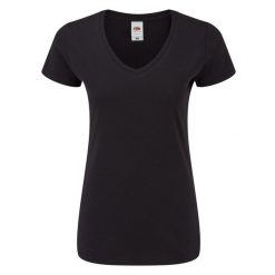 Koszulka Damska Z Dekoltem W Kształcie Litery V. Czarne bluzki damskie fruit of the loom, xs, bez wzorów, sportowe, bez kołnierzyka, bez ramiączek. Za 34.99 zł.