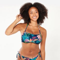 Góra kostiumu kąpielowego surfingowego damska Olaian Laura Borabora. Niebieskie bikini OLAIAN, bez wzorów, z elastanu. W wyprzedaży za 39.99 zł.