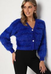 Niebieski Puchaty Kardigan z Wełną z Ozdobnymi Guzikami i Ściągaczami przy Rękawach Mevalisa. Niebieskie kardigany damskie Born2be, s, bez wzorów, z jeansu, eleganckie, bez kołnierzyka. Za 84.99 zł.