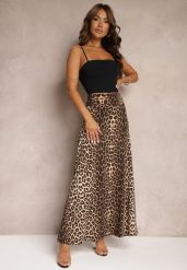 Brązowa Rozkloszowana Spódnica w Panterkę High Waist z Marszczeniem w Pasie Nolisea. Brązowe spódnice damskie Renee, m, bez wzorów, z materiału, z podwyższonym stanem, maxi, rozkloszowane. Za 89.99 zł.