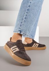 Ciemnobrązowe Sneakersy Tenisówki ze Skóry Naturalnej z Geometrycznym Motywem Haleria. Brązowe trampki i tenisówki damskie Born2be, bez wzorów, ze skóry, bez zapięcia. Za 199.99 zł.