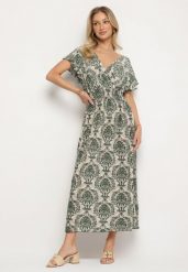 Zielona Sukienka w Etno Wzór z Falbankami i Gumką w Pasie Ellivira. Zielone sukienki damskie Born2be, na co dzień, l, bez wzorów, eleganckie, bez kołnierzyka, bez ramiączek, maxi, kopertowe. Za 49.99 zł.