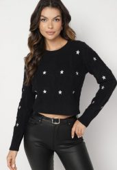 Czarny Sweter z Dodatkiem Wiskozy z Ozdobnym Splotem w Gwiazdki Ivilna. Czarne swetry nierozpinane damskie Born2be, m, bez wzorów, z jeansu, eleganckie, bez kołnierzyka, bez ramiączek. Za 99.99 zł.