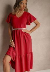 Czerwona Rozkloszowana Sukienka z Wiskozą w Casualowym Stylu Filarenna. Czerwone sukienki damskie Renee, na co dzień, l, bez wzorów, z wiskozy, eleganckie, bez kołnierzyka, bez ramiączek, midi, rozkloszowane. Za 54.99 zł.