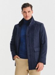 PAKO LORENTE – Granatowy płaszcz męski. Niebieskie płaszcze męskie Pako Lorente, na jesień, m, bez wzorów, z poliesteru, bez kołnierzyka, bez kaptura. Za 699.99 zł.