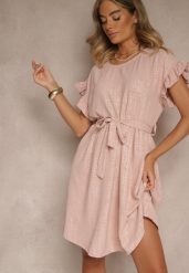 Ciemnoróżowa Sukienka z Paskiem i Falbankami przy Rękawach Folunelle. Czerwone sukienki damskie Renee, na co dzień, bez wzorów, eleganckie, bez kołnierzyka, bez ramiączek, mini. Za 59.99 zł.