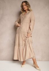 Ciemnobeżowa Wiskozowa Sukienka o Rozkloszowanym Kroju z Koronką Gonalorin. Brązowe sukienki damskie Renee, na co dzień, l, z aplikacjami, z koronki, eleganckie, bez kołnierzyka, bez ramiączek, maxi, rozkloszowane. Za 139.99 zł.