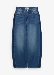 Dżinsy typu barrel, high waist, skrócona długość. Niebieskie jeansy damskie bonprix, bez wzorów, z jeansu, z podwyższonym stanem. Za 169.99 zł.
