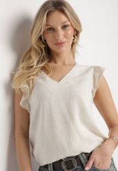 Beżowa Bluzka z Wiskozą i Lnem Ozdobiona Haftem i Falbanami Harivna. Brązowe bluzki damskie Born2be, l, bez wzorów, z jeansu, eleganckie, bez kołnierzyka, bez ramiączek. Za 74.99 zł.