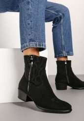 Czarne Botki Kowbojki z Delikatnym Haftem na Słupku Malwida. Czarne botki damskie Renee, bez wzorów, z jeansu, eleganckie, bez obcasa, na obcasie, bez zapięcia. Za 139.99 zł.