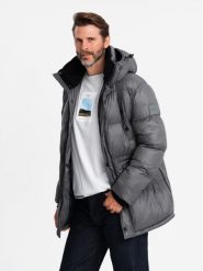 Długa kurtka męska puffer z zapinanymi kieszeniami – grafitowa V1 OM-JALJ-0186 - XXL. Szare kurtki męskie Ombre Clothing, l, z aplikacjami, z materiału. W wyprzedaży za 249.99 zł.