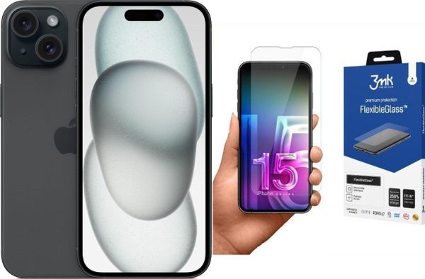 Smartfon Apple iPhone 15 128GB Black (MTP03) + FlexibleGlass. Czarne smartfony Apple. Za 3,026.00 zł.