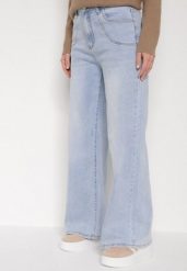 Niebieskie Szerokie Jeansy z Wysokim Stanem Przeszyciami i Imitacją Kieszeni Tanila. Niebieskie spodnie materiałowe damskie Born2be, bez wzorów, z jeansu, biznesowe, z podwyższonym stanem. Za 119.99 zł.